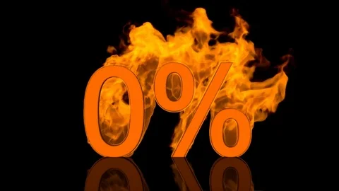 Flaming Zero Percent Centred on Black Background with Reflection as 3D rendering Video stock 80669561