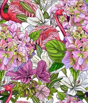 Flamingo and flowers, seamless pattern, full color Illustrazione stock