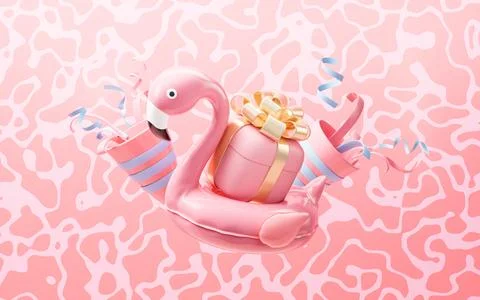 Flamingo and gift box with pink background, 3d rendering. Stock Illustration