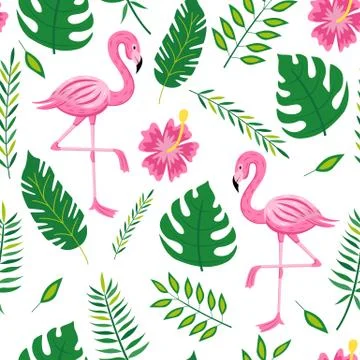 Flamingo and leaves seamless pattern - tropical summer symbol collection Stock Illustration