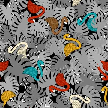 Flamingo and tropical leaves pattern seamless. water bird with pale pink pl.. 스톡 일러스트