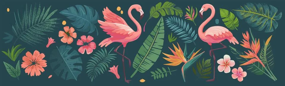 Flamingo background pattern. Tropical flowers. Abstract green leaves. Jungl.. Stock-Illustration