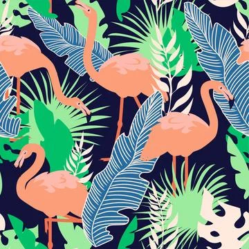 Flamingo background. Seamless texture. Palm leaves and pink exotic bird. Decor イラスト素材