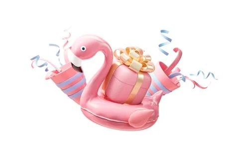 Flamingo balloon swim ring with cartoon style, 3d rendering. Stock Illustration