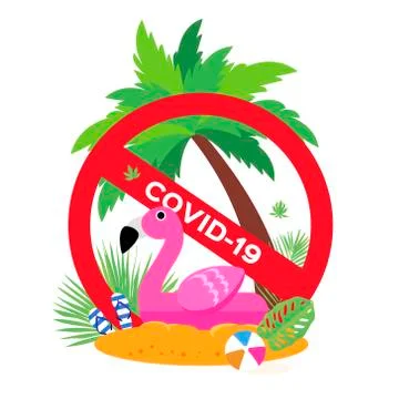 Flamingo bird float on the beach. Travel bag with hat. Stop risk. Holidays Stock Illustration