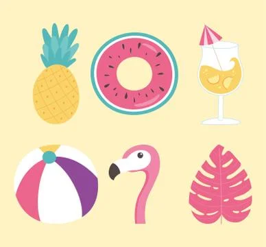 Flamingo bird float pineapple ball cocktail tropical leaf, hello summer icons Stock Illustration