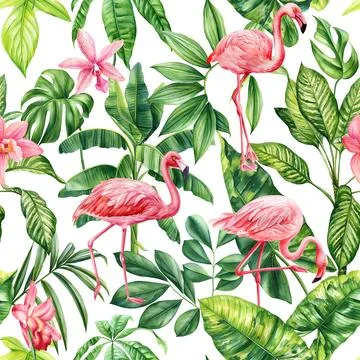Flamingo bird pattern. Tropical plant in summer print. Watercolor tropical palm Stock Illustration