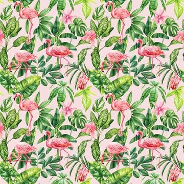 Flamingo bird pattern. Tropical plant in summer print. Watercolor tropical palm Stock Illustration
