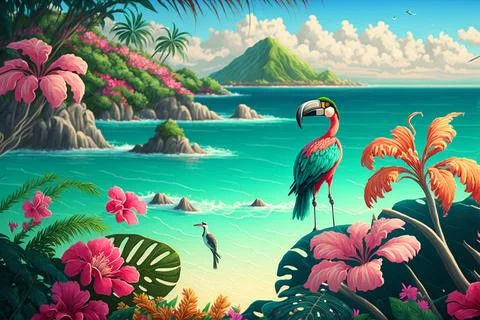Flamingo bird sandy beach and soft blue ocean Stock Illustration