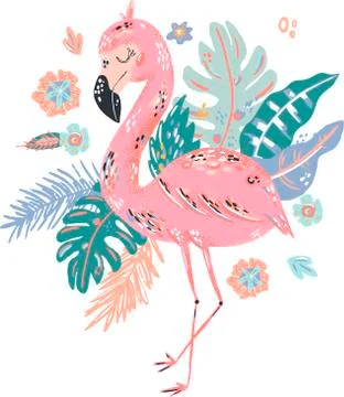 Flamingo cute doodle hand drawn flat vector illustration. Wild rainforest ani Stock Illustration