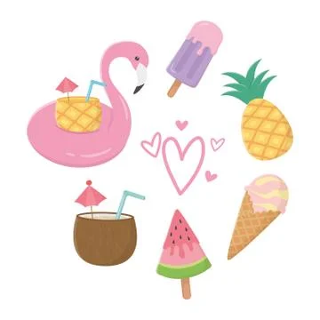 Flamingo float and summer icon set design Stock Illustration