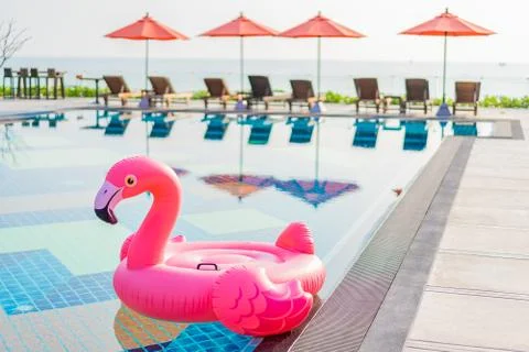 Flamingo float around swimming pool in hotel resort with umbrella and chair i Stock Photos