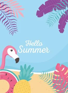 Flamingo float pineapple beach exotic tropical leaves, hello summer lettering Illustrazione stock