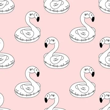 Flamingo float seamless pattern in line art for coloring Stock Illustration