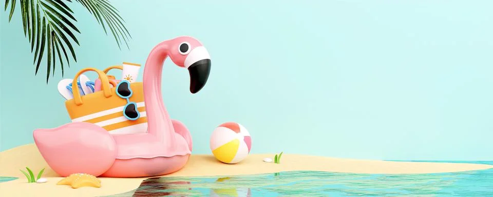 Flamingo float with sunglasses on the beach and beach accessories ready for Illustrazione stock