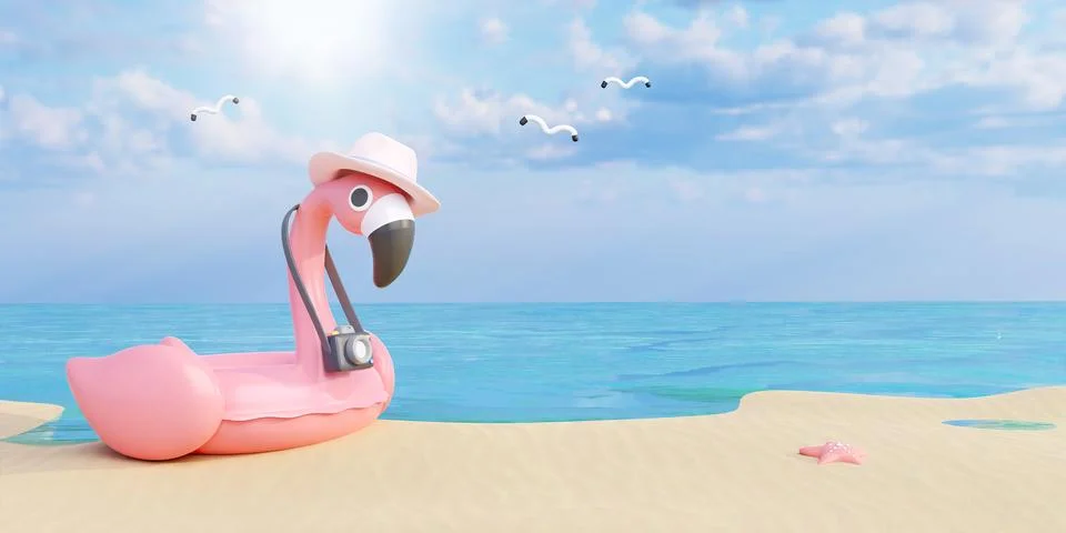 Flamingo float wearing a hat ready for summer vacation. Creative travel concept Stock Illustration
