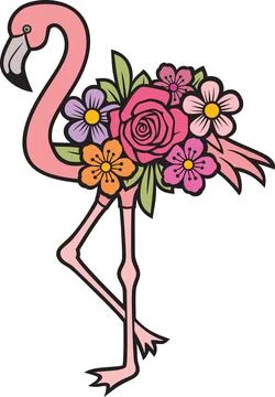 Flamingo with flowers color Stock Illustration