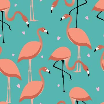 Flamingo with hearts seamless pattern on turquoise background Stock Illustration