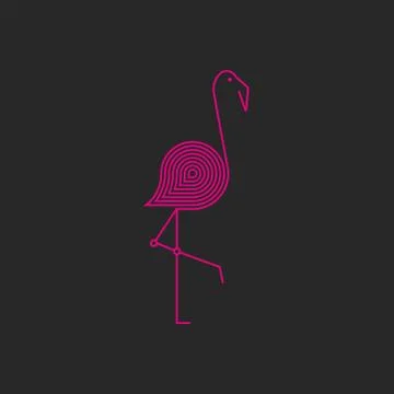 Flamingo logo monogram of pink thin lines, silhouette of a bird standing on o Stock Illustration