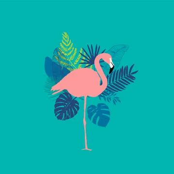 Flamingo, palm leaves, bird of paradise, vector Stock Illustration