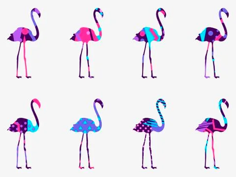 Flamingo with a pattern of geometric shapes, memphis style. A set of birds. V 스톡 일러스트