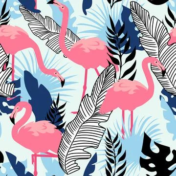 Flamingo pattern. Seamless summer texture with pink exotic bird and tropical Stock-Illustration