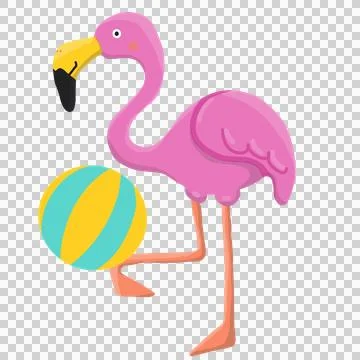 Flamingo playing with beach ball tropical island illustration vibrant color.. Stock Illustration