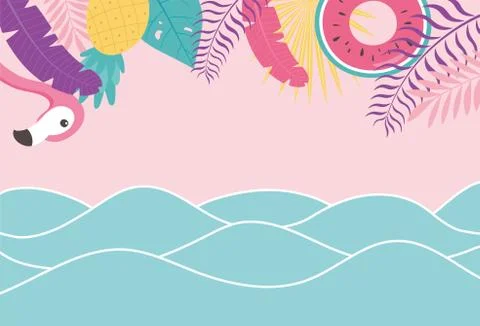 Flamingo sea waves float exotic tropical leaves, hello summer Illustrazione stock