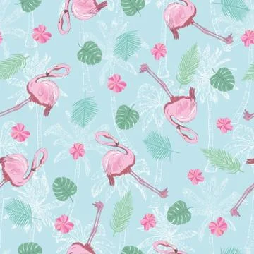 Flamingo seamless pattern on mint green background. Pink flamingo vector back Stock Illustration