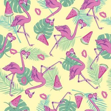 Flamingo seamless pattern on mint green background. Pink flamingo vector back Illustrazione stock