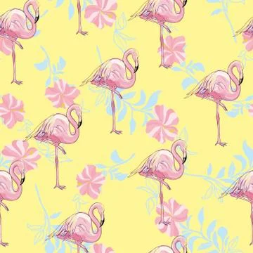 Flamingo seamless pattern on mint green background. Pink flamingo vector back 스톡 일러스트