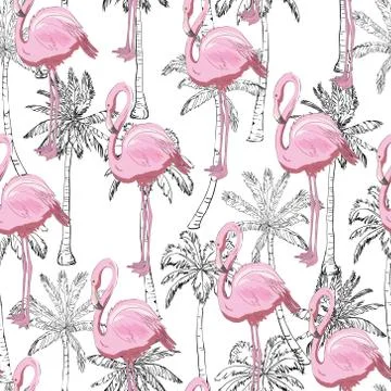 Flamingo seamless pattern on mint green background. Pink flamingo vector back Illustrazione stock