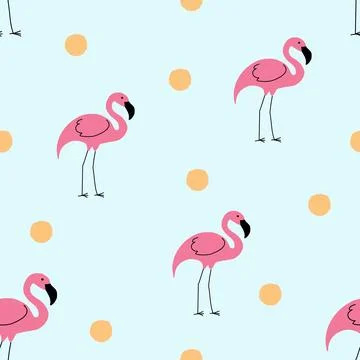 Flamingo seamless pattern on polka dots background. Stock Illustration