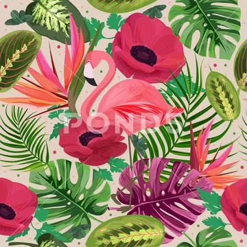 Flamingo seamless pattern. Summer tropical background with bird of paradise Stock Illustration