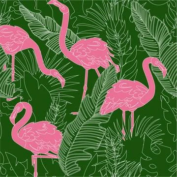 Flamingo Seamless pattern. Tropical pink bird in green palm leaves. Paradise Stock Illustration