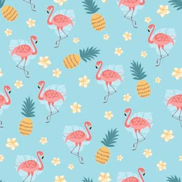 Flamingo seamless pattern Tropical print Cute pineapple flowers on summer blue Stock-Illustration