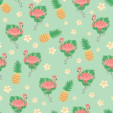 Flamingo seamless pattern Tropical print Cute pineapple flowers on green mentol Stock Illustration