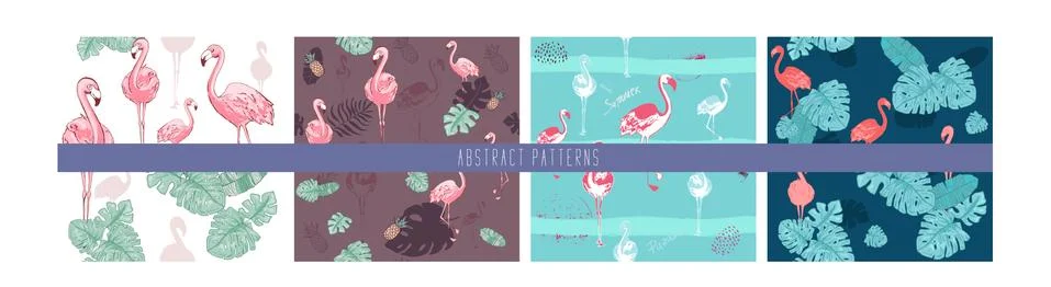 Flamingo set. Seamless Pattern Exotic tropical bird. collection Cute cartoon  스톡 일러스트