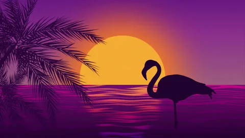Flamingo silhouette on purple sunset background, animation 4K on a seamless loop Stock Footage 237942194