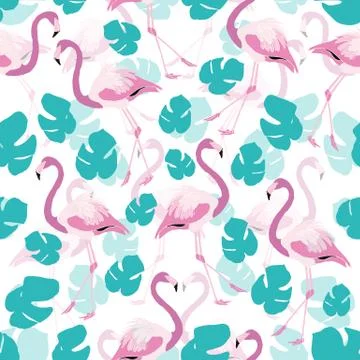 Flamingo Tropic Exotic Pattern Background with Leaves 스톡 일러스트