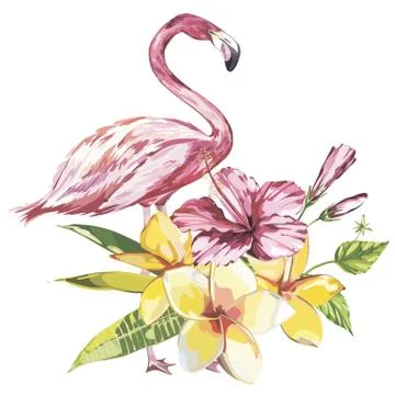 Flamingo with tropical flowers. Element for design of invitations, movie posters Stock-Illustration