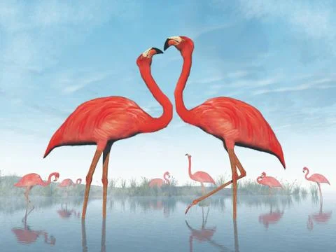 Flamingos courtship - 3D render Stock Illustration