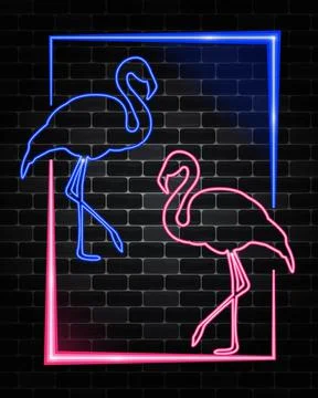Flamingos in a frame. Neon effect. Stock Illustration