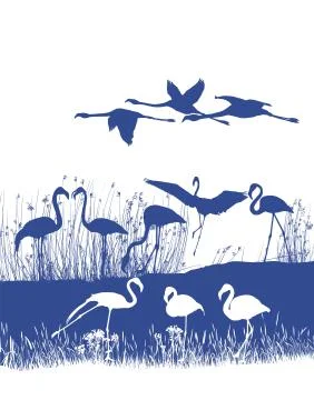 Flamingos on the shore Stock Illustration