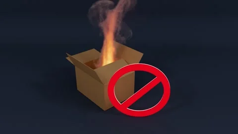 Flammable Cardboard Box On Fire With Prohibition Sign Stock Footage 334979512