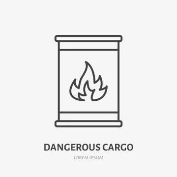 Flammable cargo flat line icon. Barrel with flame danger warning sign. Thin Illustrazione stock