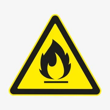 Flammable Fire Hazard warning symbol on yellow triangular sign. Vector. Stock Illustration