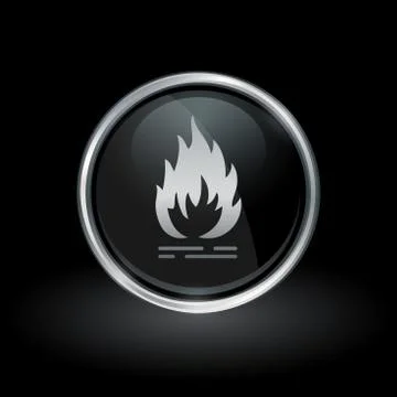 Flammable fire icon inside round silver and black emblem Stock Illustration