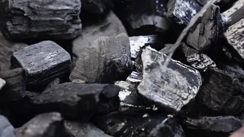 Flammable liquid poured on coals during outdoor cooking prep Stock Footage 310982635