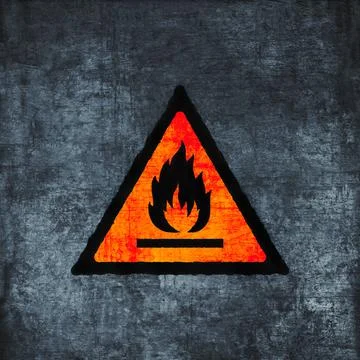 Flammable sign on scratched background. Fire hazard symbol, grunge textured.  Stock Illustration